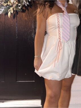 Lulu's White Mini Dress with Pink Ribbon Details